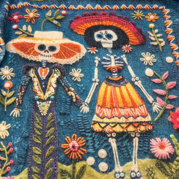 Unique Skeleton Couple Embroidered Teal Blue Sweater Women's Artwear Soft - Picture 6 of 13